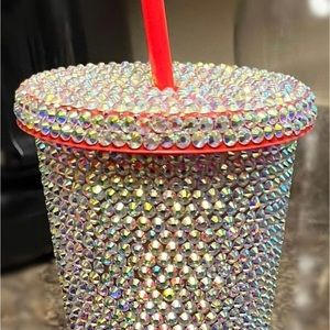Handmade rhinestone tumbler with pink plastic base $67